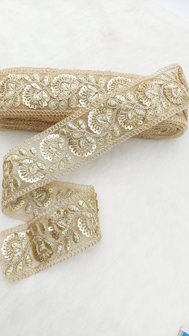 Gold Sequins Trim 2 Yards Decorative Floral Embroidered Lace Sari Border Costume Ribbon Crafting